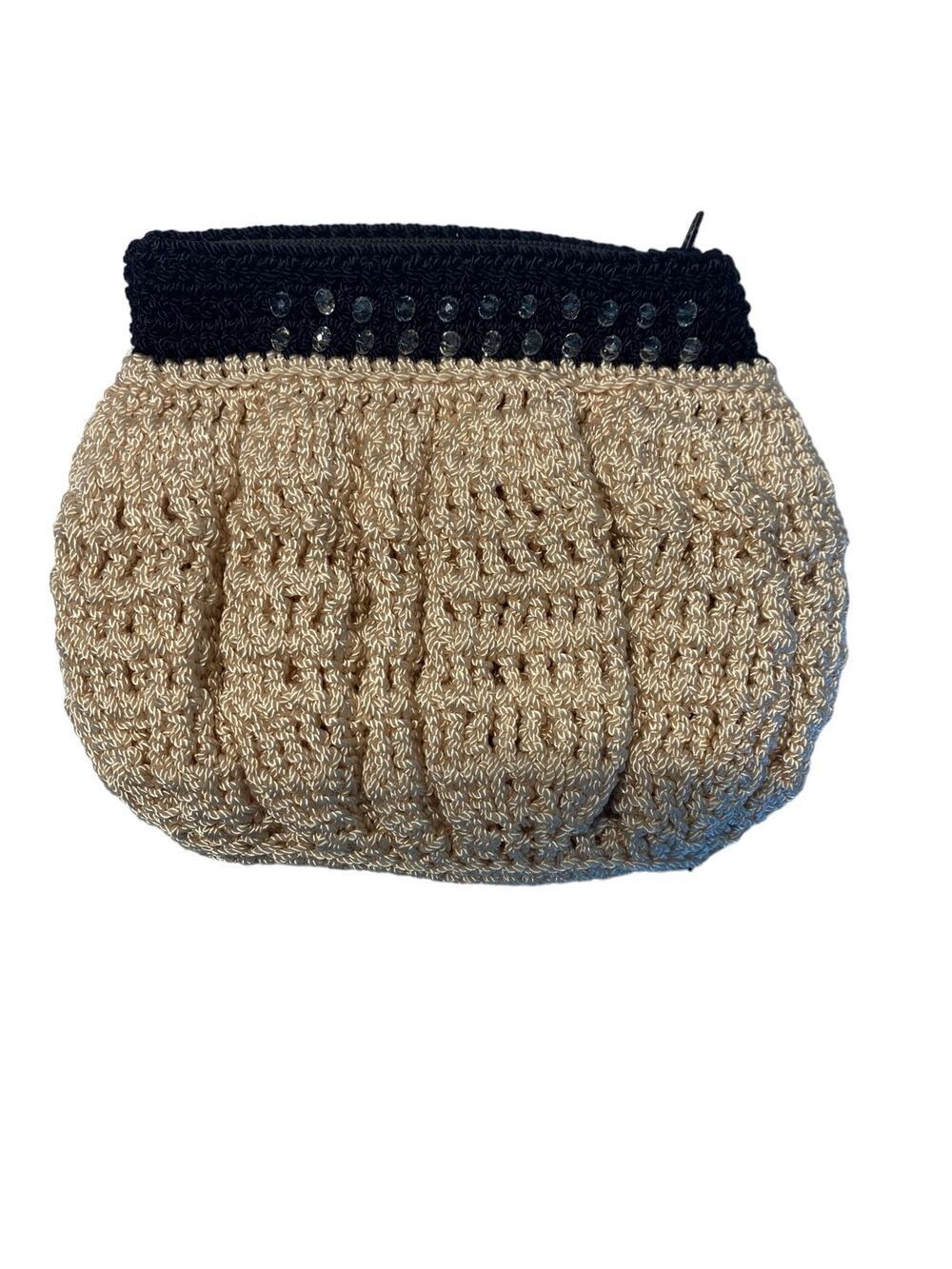Unbranded Handmade Crochet Knit Coin Pouch Beige Black Zip Mini Cream